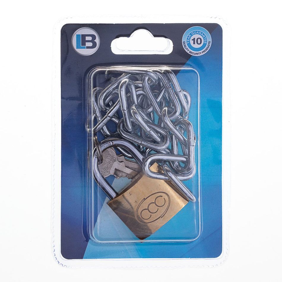 L&B Padlock Brass 38mm With Chain 4mm X 500mm