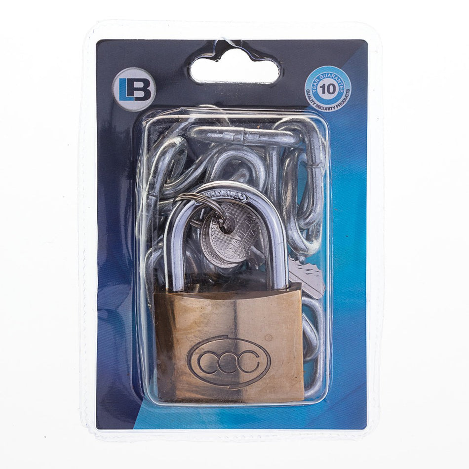 L&B Padlock Brass 50mm With Chain 6mm X 600mm