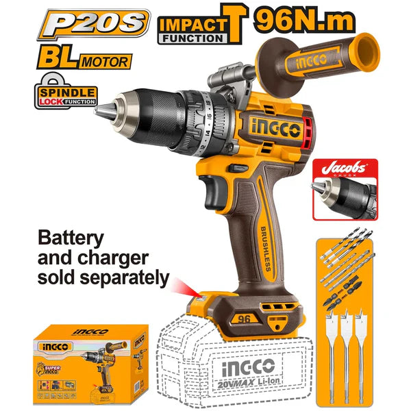 Ing-co Cordless 20V Impact Drill Brushless 96Nm
