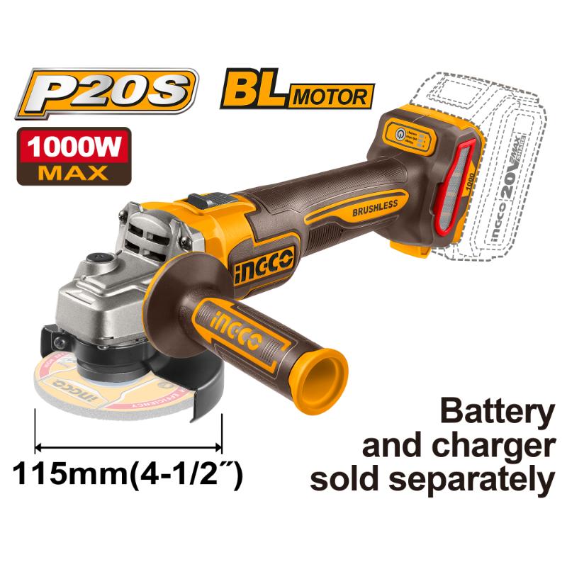 Ing-co Cordless 20V Lithium-Ion Angle Grinder 1000W 115mm