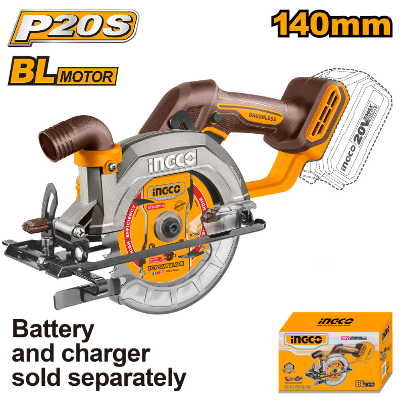 Ing-co Cordless 20V Lithium-Ion Circular Saw 140mm Blade