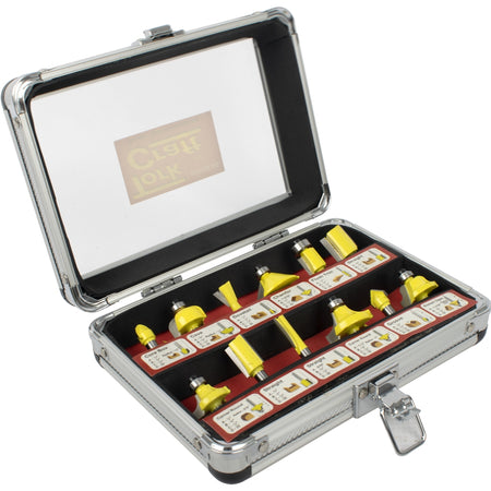 Router Bit Set 12Pc Aluminium/Glass Case 1/4 Shank -