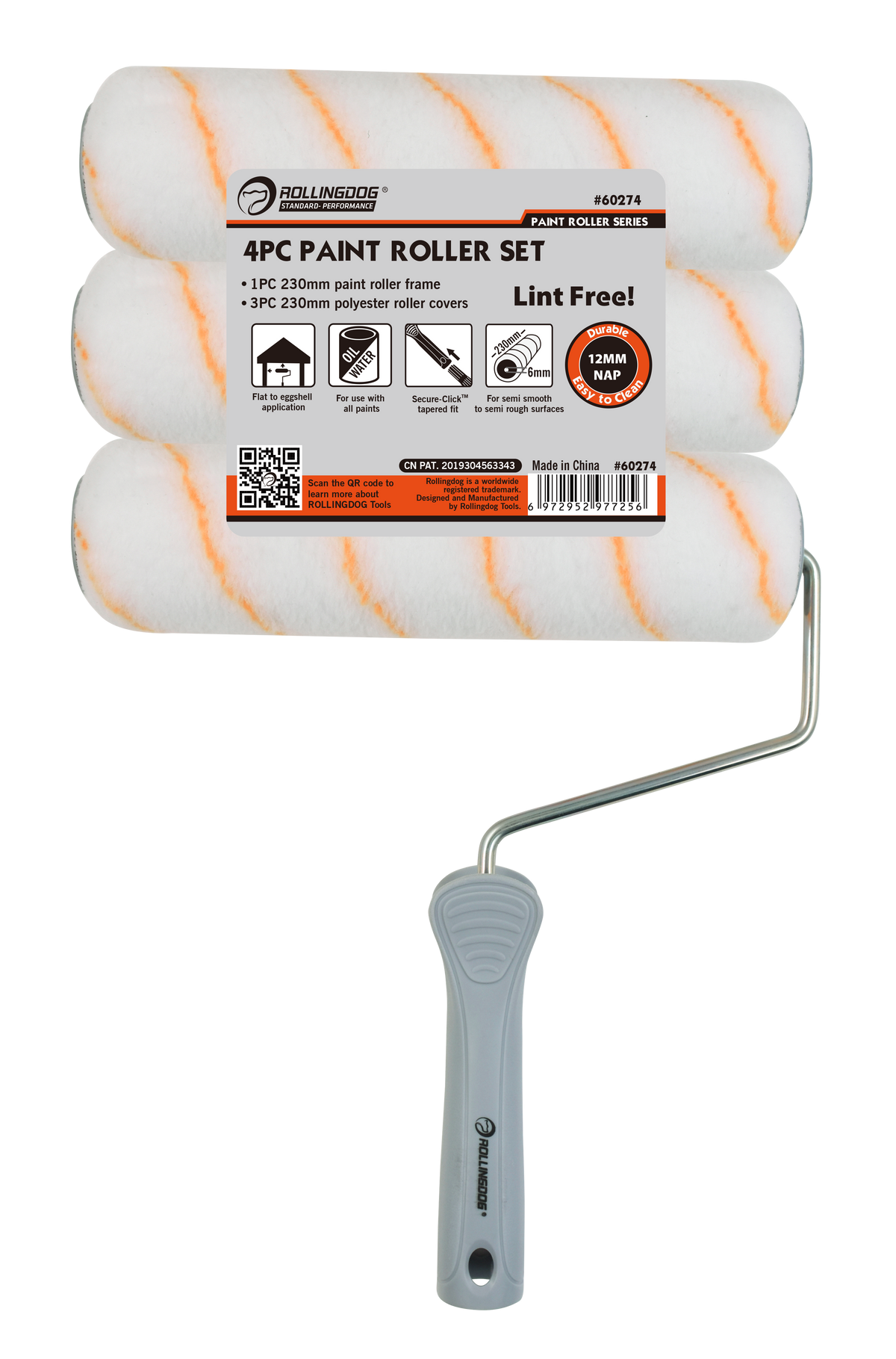 Rollingdog Paint Roller Polyester 230mmx12 Kit 4Pc Semi Smooth -
