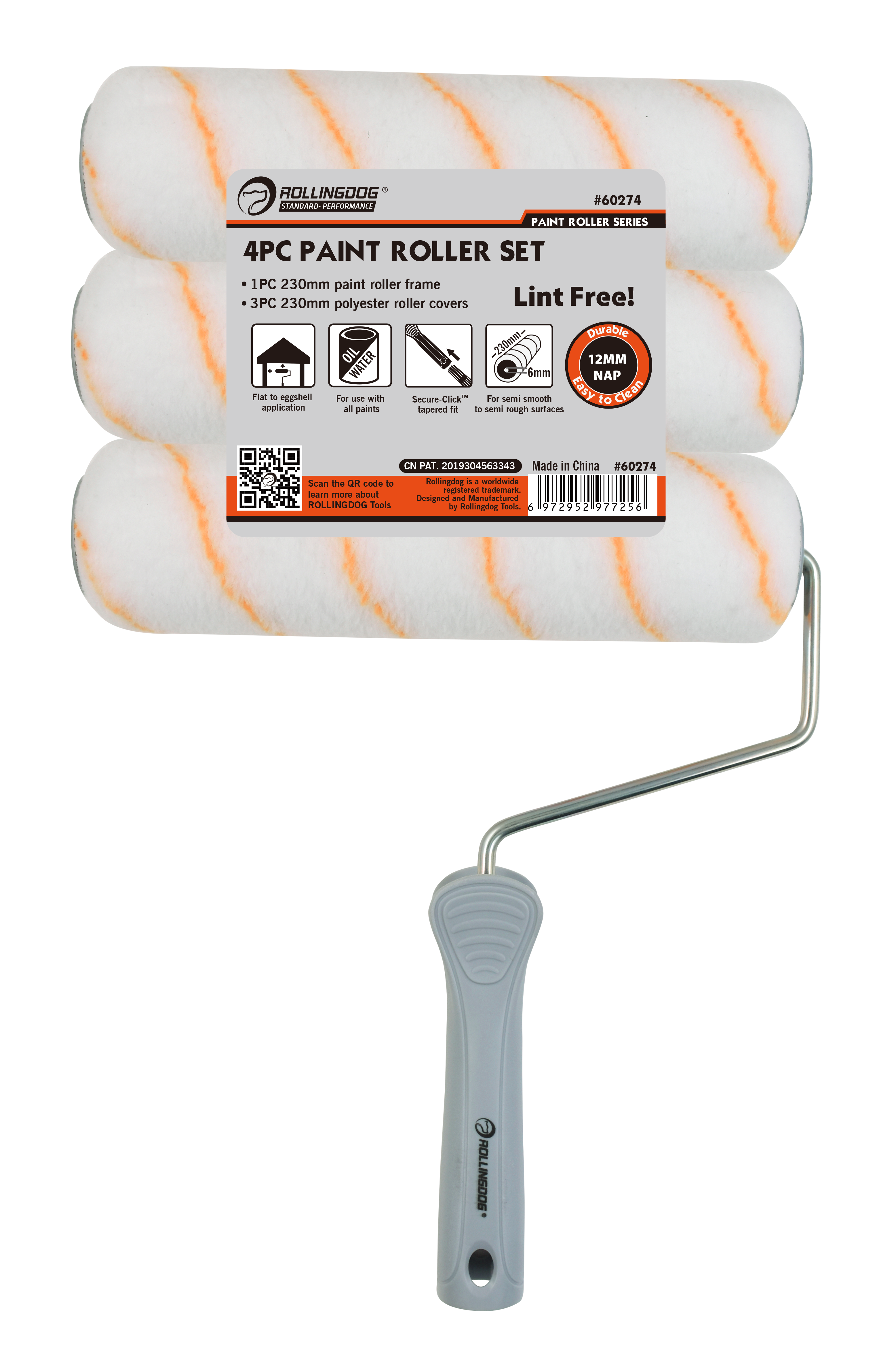 Rollingdog Paint Roller Polyester 230mmx12 Kit 4Pc Semi Smooth -