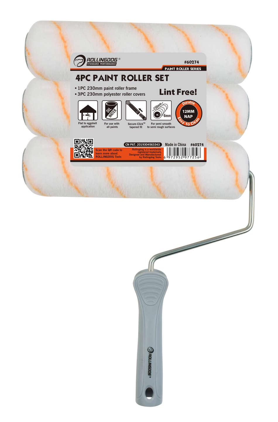 Rollingdog Paint Roller Polyester 230mmx12 Kit 4Pc Semi Smooth -