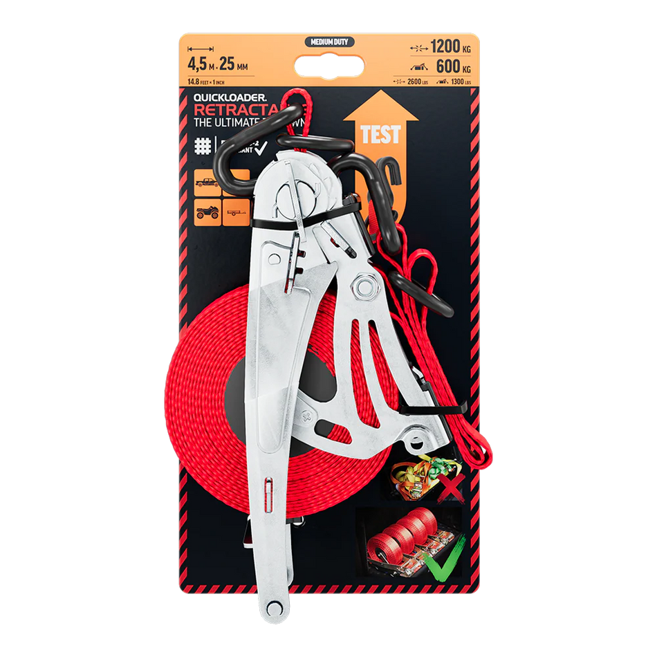 Quickloader Retractable Tie-Down Strap 1200kg 4.5m(0.5m+4m)x25mm -