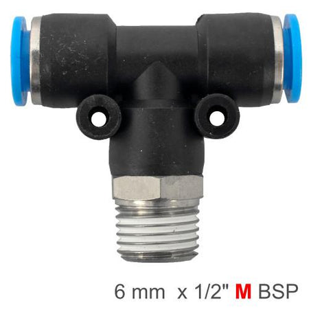 PU Hose Fitting Tee Male 6mm-1/2"