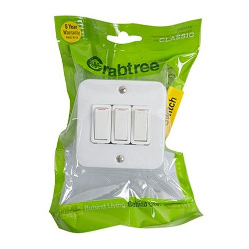 Crabtree Industrial 3 Lever 1 Way Surface Light Switch 75x75mm White -