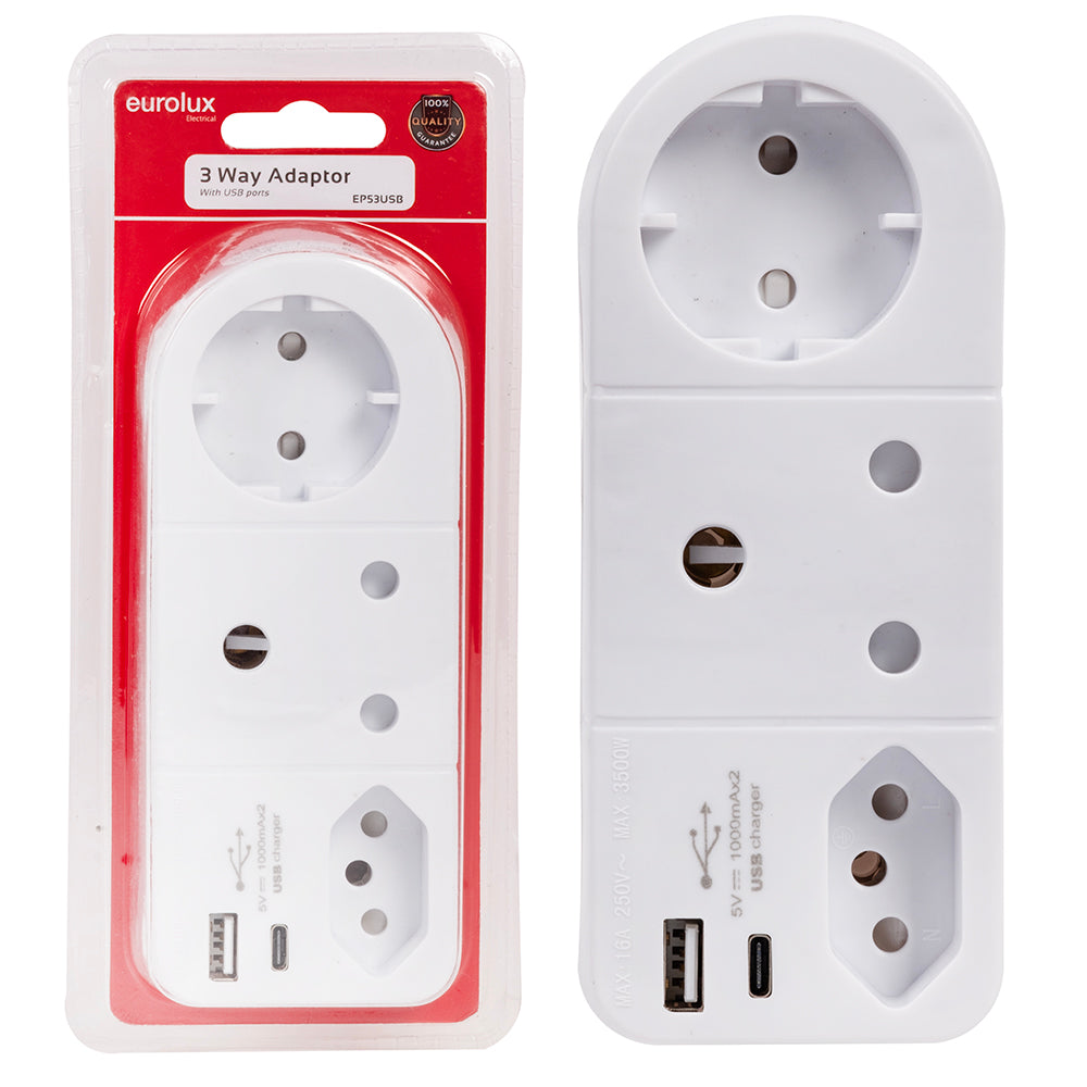Eurolux Adaptor 3 Way With 2 Usb Ports -