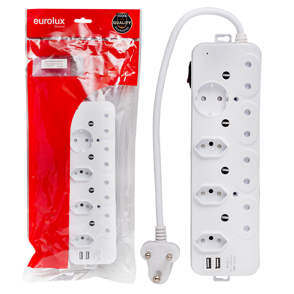 Eurolux Multi-Plug 8 Way 4 x 16A, 3 x 5A, 1 x Schuko, 2 x 5V 1A USB Port -