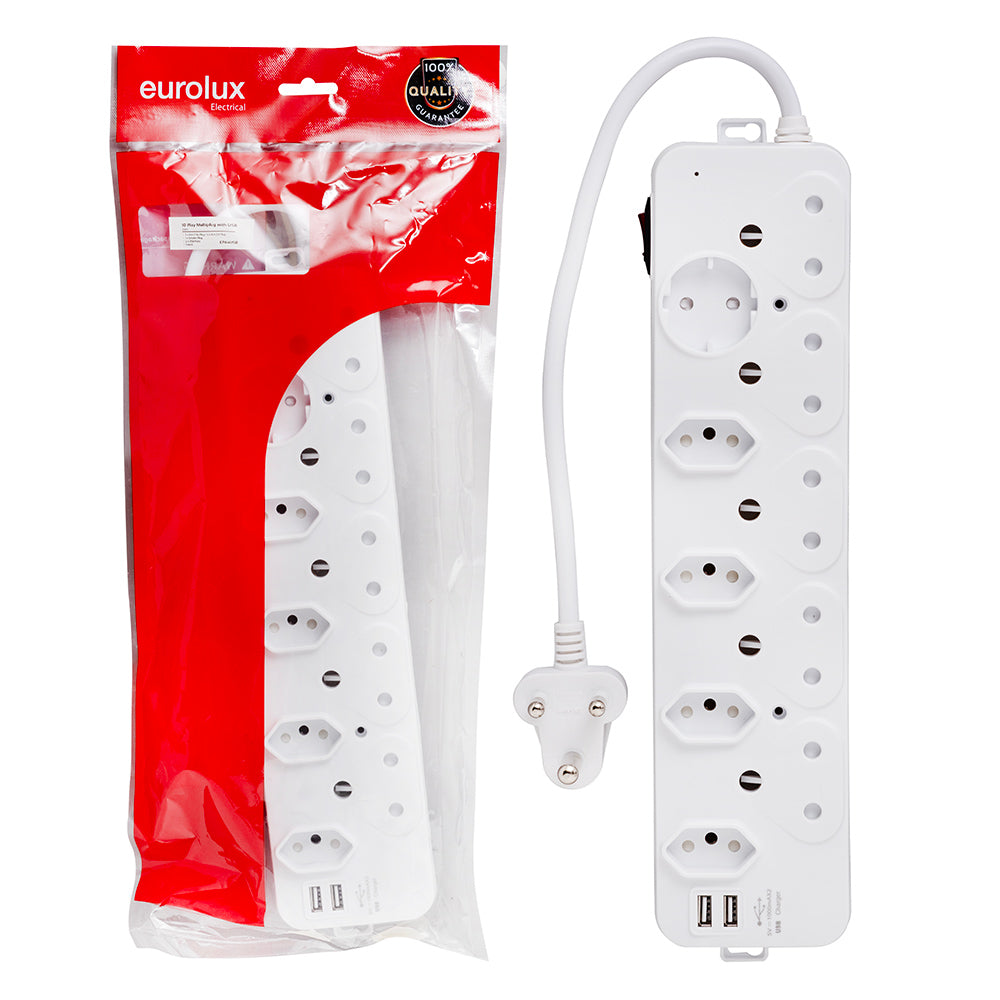Eurolux Multi-Plug 10 Way 5 x 16A, 4 x 5A, 1 x Schuko, 2 x 5V 1A USB Port -