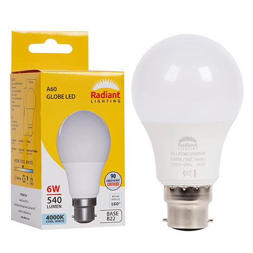 Radiant Lamp A60 LED 6w B22 4000K Cool White -