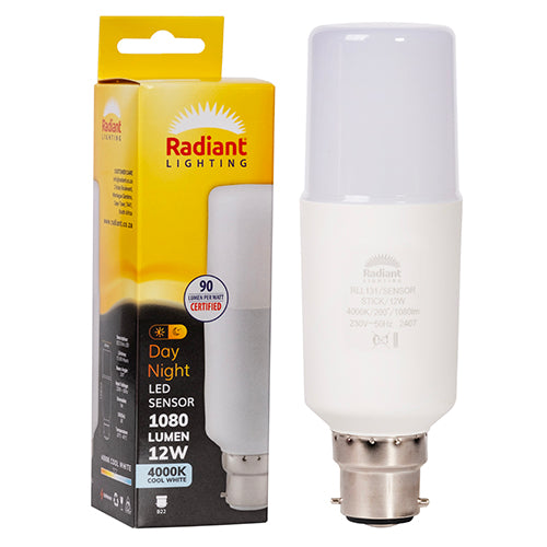 Radiant Stick Lamp LED Sensor Day Night T44 12w B22 4000K 1080Lm Cool White -