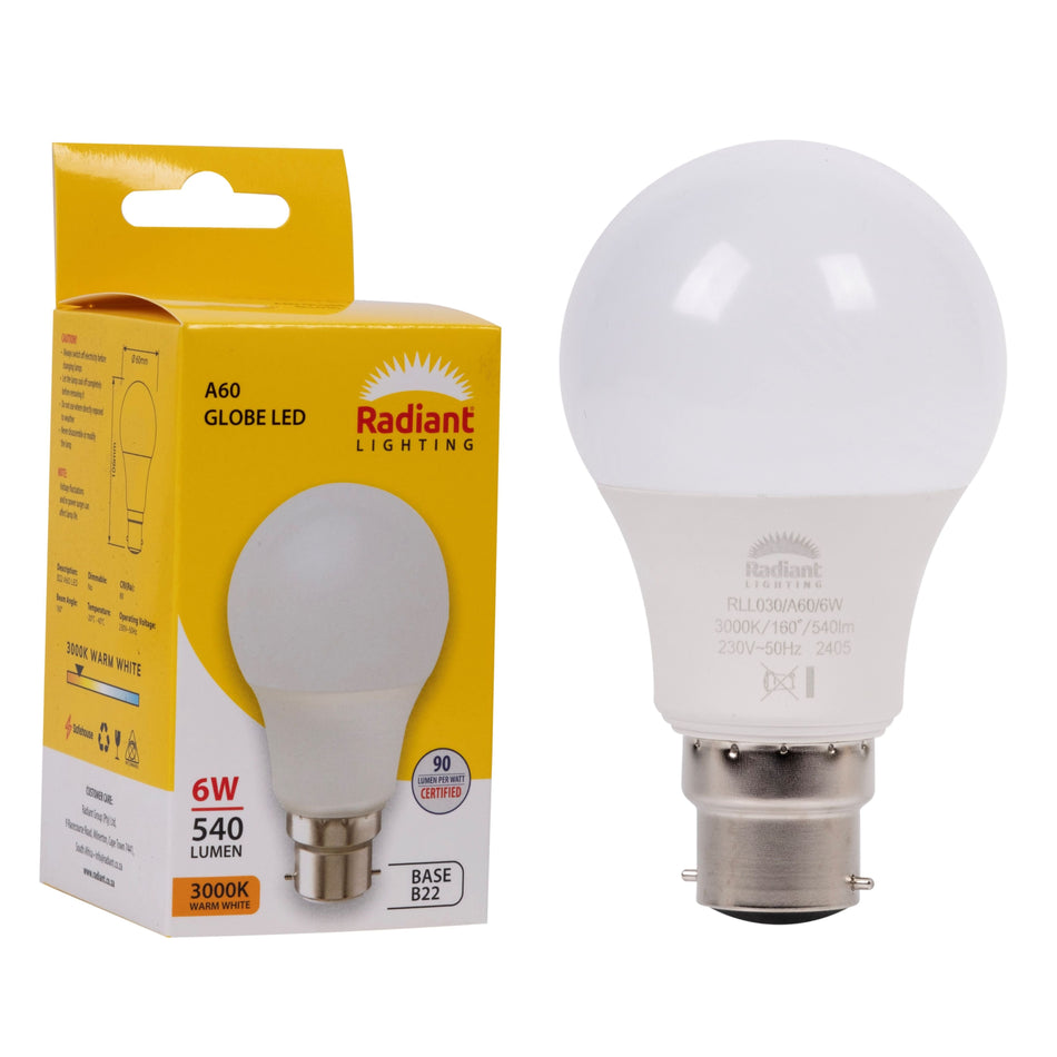 Radiant Led A60 6W B22 3000K 105LM