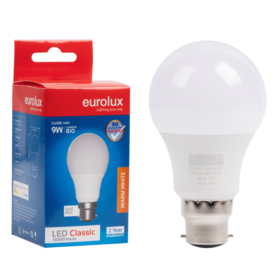 Eurolux Led A60 Classic 9W B22 3000K 105LM