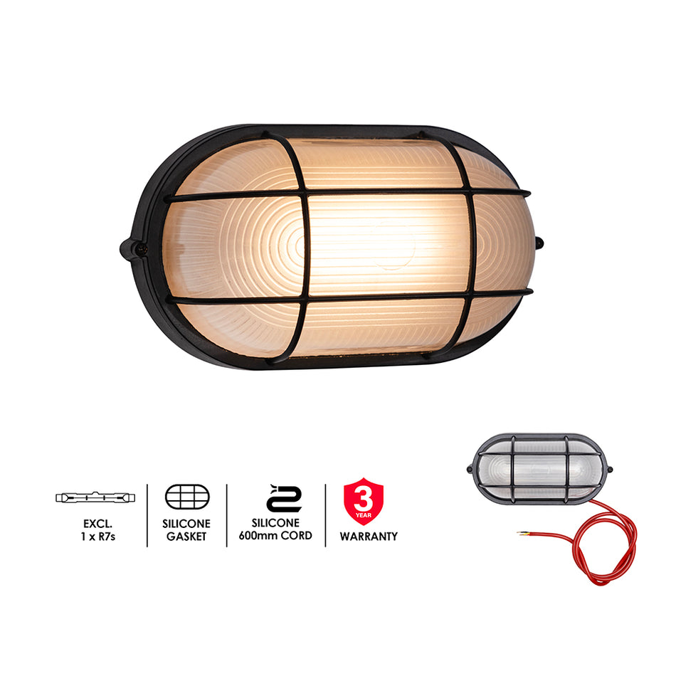 Eurolux Braai Light Oval Small Grid Bulk Head 210mm Black -