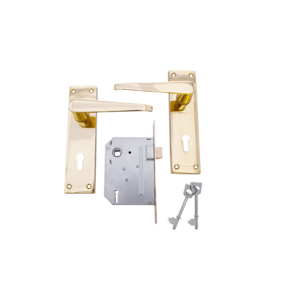 L&B Lockset Victorian Brass Plated Straight 3Lever
