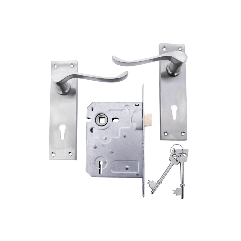 L&B Lockset Victorian Satin Nickel Plated Scroll 3Lever
