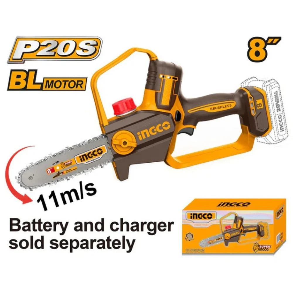 Ing-co Cordless 20V Lithium-Ion Garden Chain Saw Pruner Brushless 20cm Chain Bar
