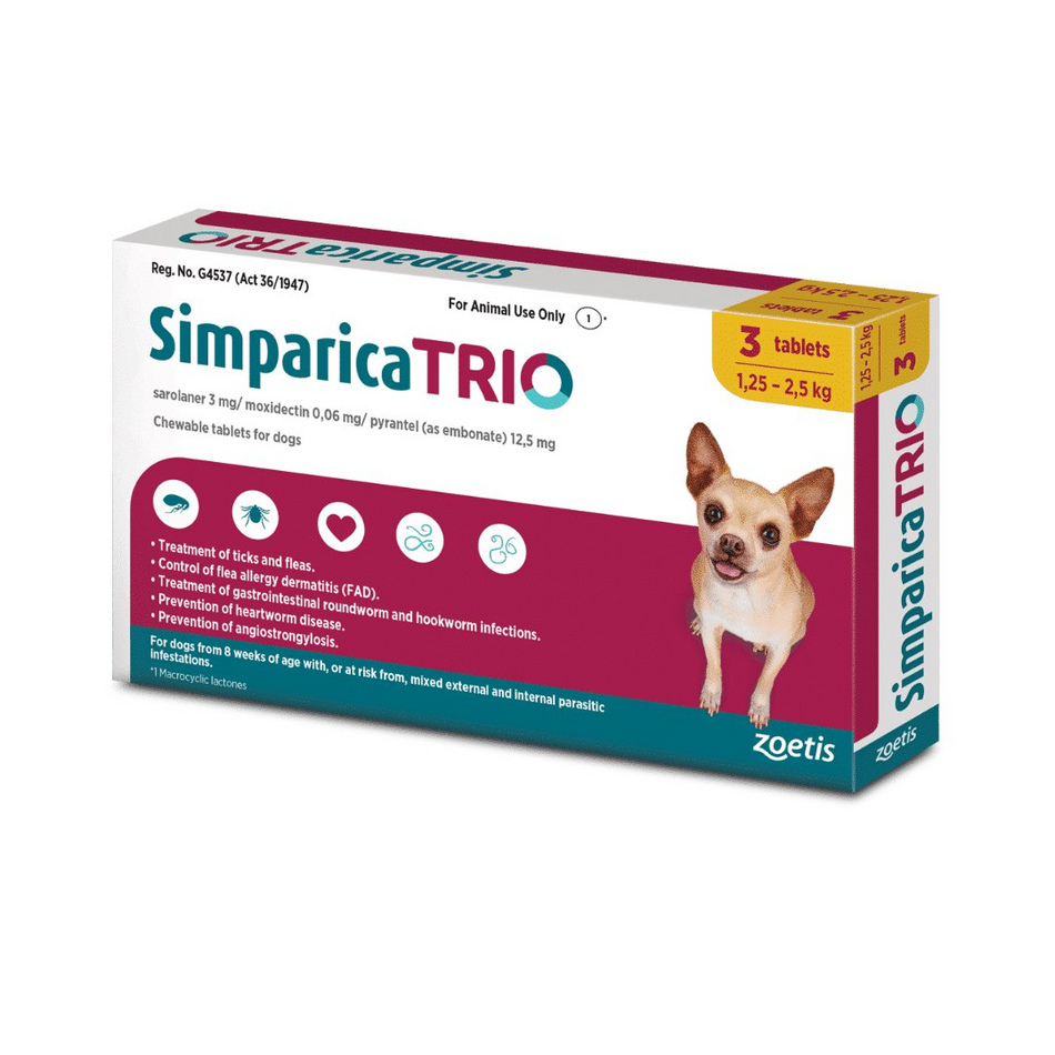 Simparica Trio Gold 1.25kg – 2.5kg for Dogs 3'S