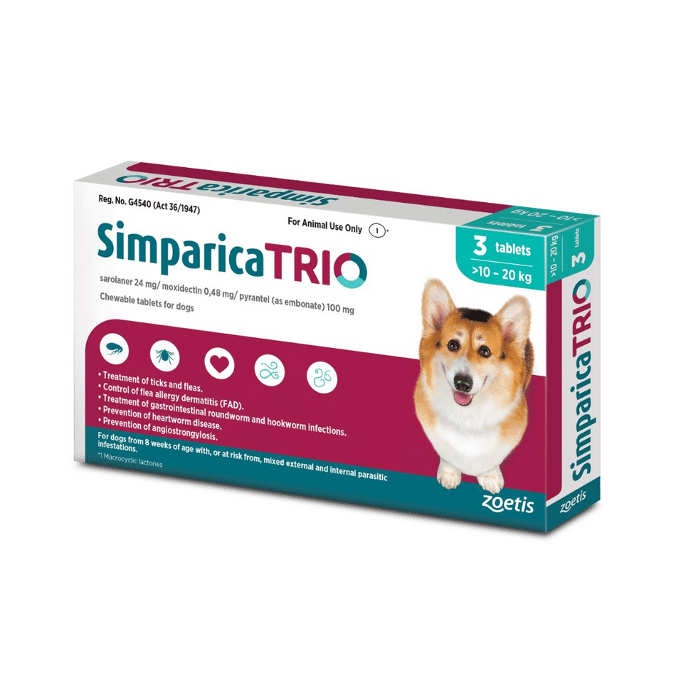 Zoetis 10.1kg – 20kg Turquoise 3 Simparica TRIO for Dogs 3'S