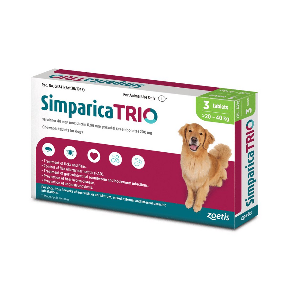 Zoetis 20.1kg – 40kg Green 3 Simparica TRIO for Dogs 3'S
