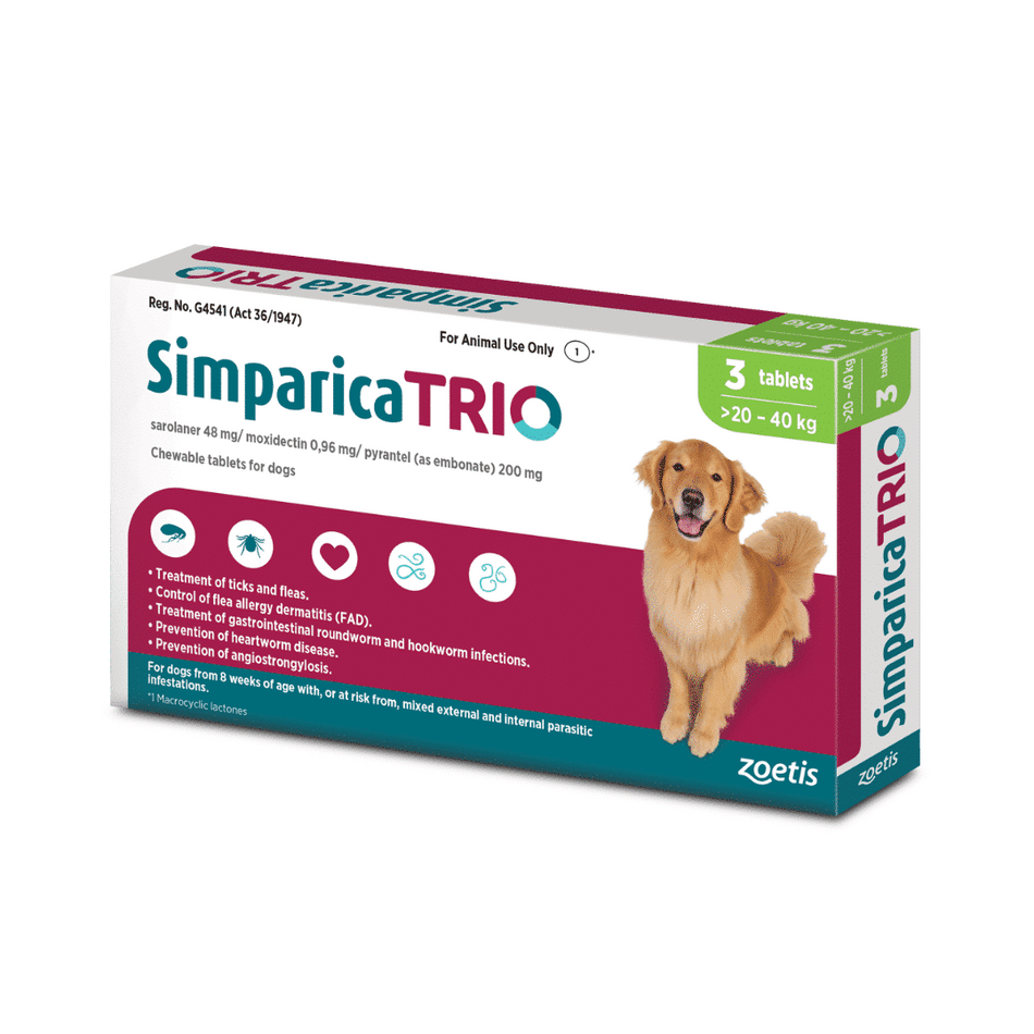 Simparica Trio 20.1kg - 40kg Green for Dogs 3's