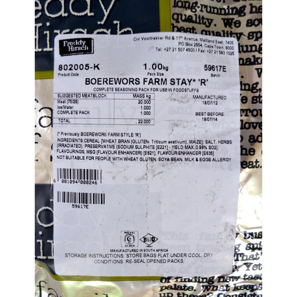 Freddy Hirsch Boerewors Farm Stay Spice 1KG