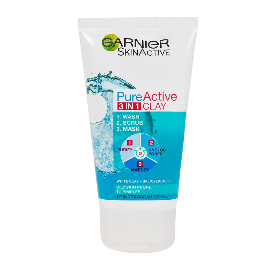 Garnier Pure Active 3-in-1 Clay Anti-Spot Wash, Scrub & Mask 150ML